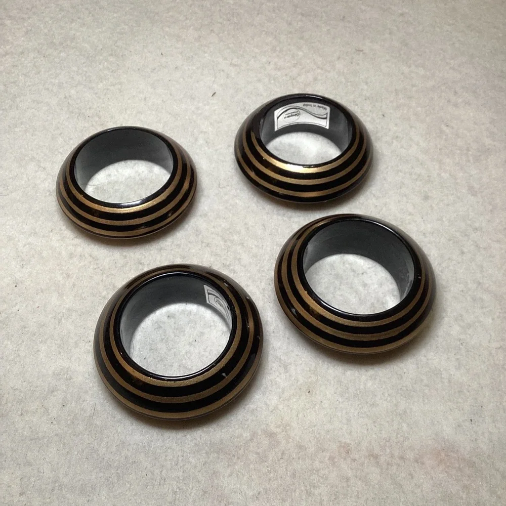 Simplex International Napkin Rings Set of 4 Black Gold Striped Made in India